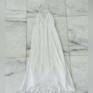 Anthropologie Raga Dress Maxi White Crochet Halter Empire Large Boho Cottagecore